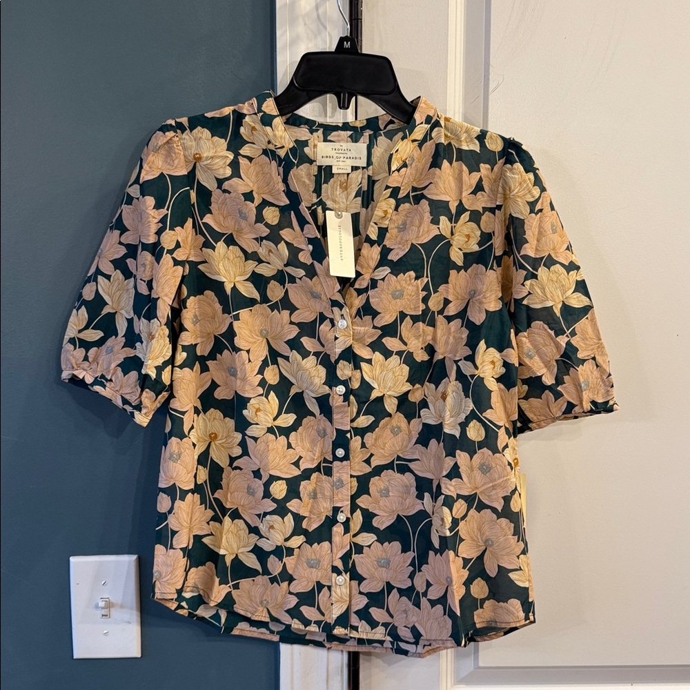 Floral Button-Front Blouse in Teal and Blush - Women's - Picture 2 of 4